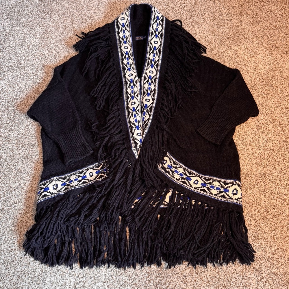 Polo Ralph Lauren Oversized Cardigan Fringe Shawl Collar Southwest - M/L